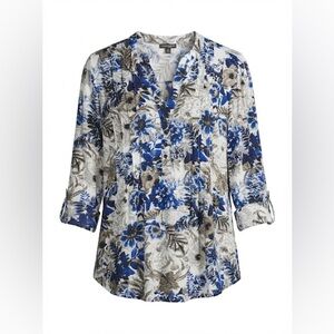 Ava & Grace Woman Top 1X Blue Floral Pintuck Henley 3/4 Sleeve Stretch Blouse